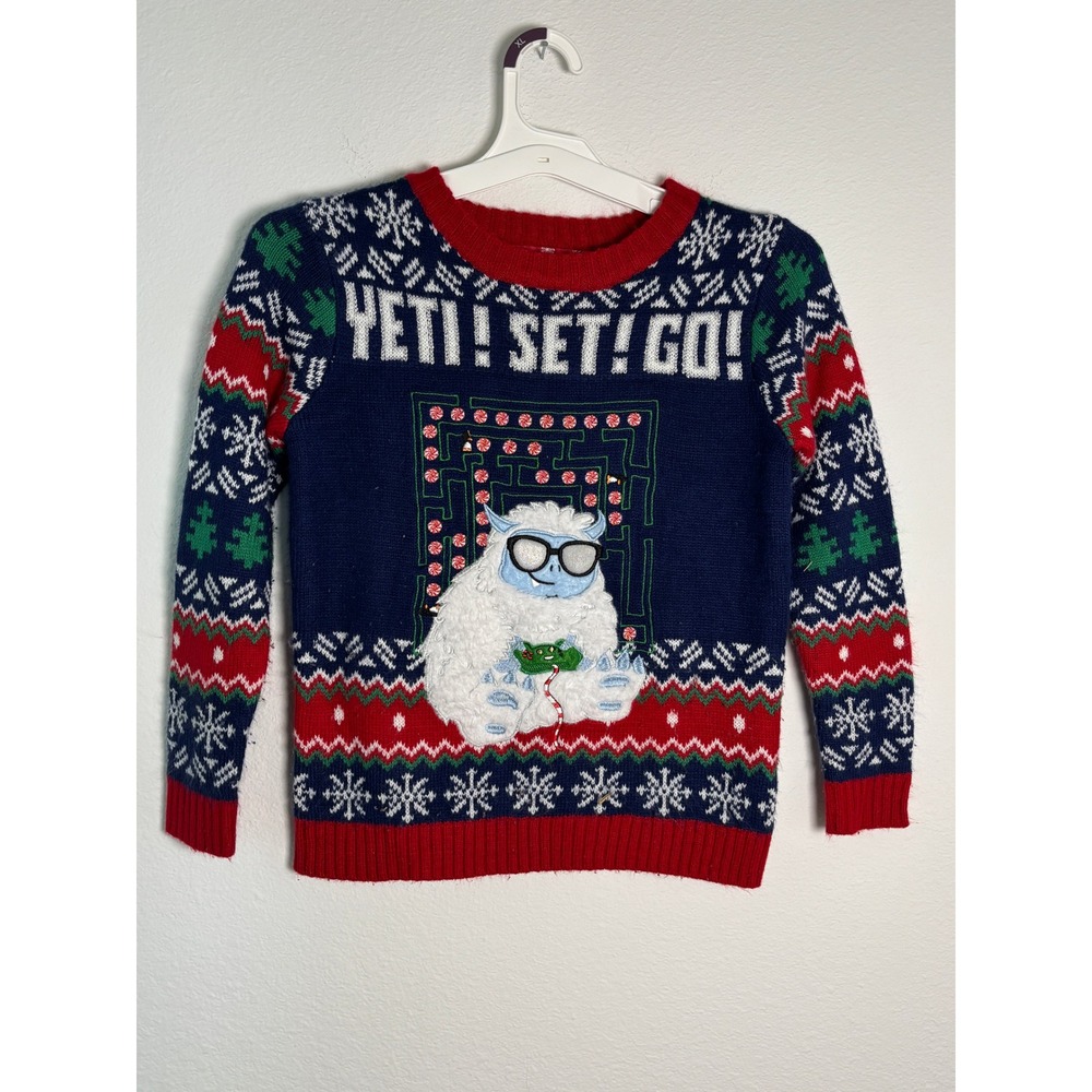 33 Degrees Boys Yeti Set Go‎ Ugly Christmas Sweater Navy Blue Red Size S 8